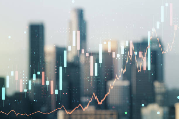 istock Double exposure of virtual creative financial diagram on blurry office buildings background, banking and accounting concept 1587083932