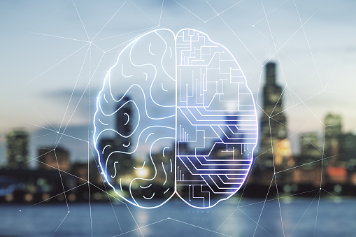 Virtual creative artificial Intelligence hologram with human brain sketch on blurry skyscrapers background. Double exposure