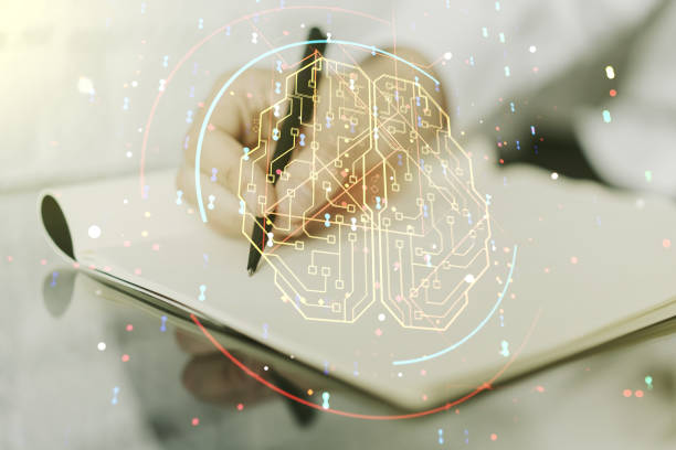 istock Double exposure of creative artificial Intelligence symbol with man hand writing in notebook on background. Neural networks and machine learning concept 1587084482