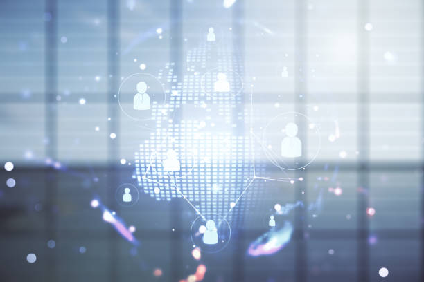 istock Virtual social network hologram and world map on empty corporate office background. Multiexposure 1587086641
