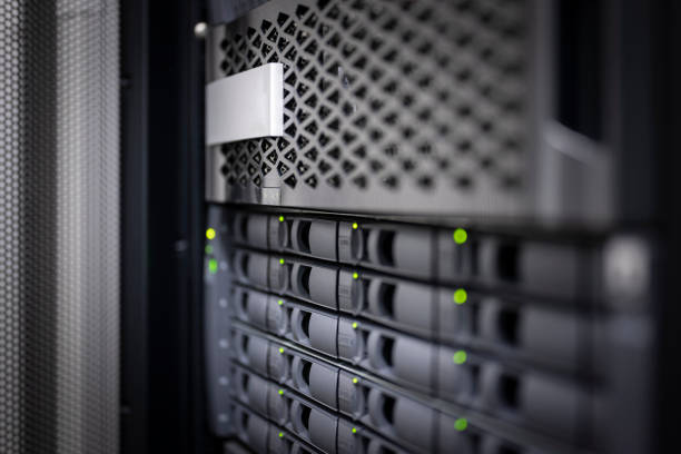 Computer Server Racks, front view. 3D rendering isolated on white background