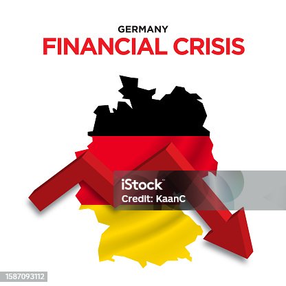 istock Germany map with falling arrow. Financial stagnation, recession, crisis, business crash, stock markets down, economic collapse. Vector stock illustration 1587093112