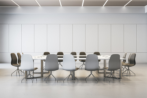Modern concrete meeting room interior with furniture. 3D Rendering