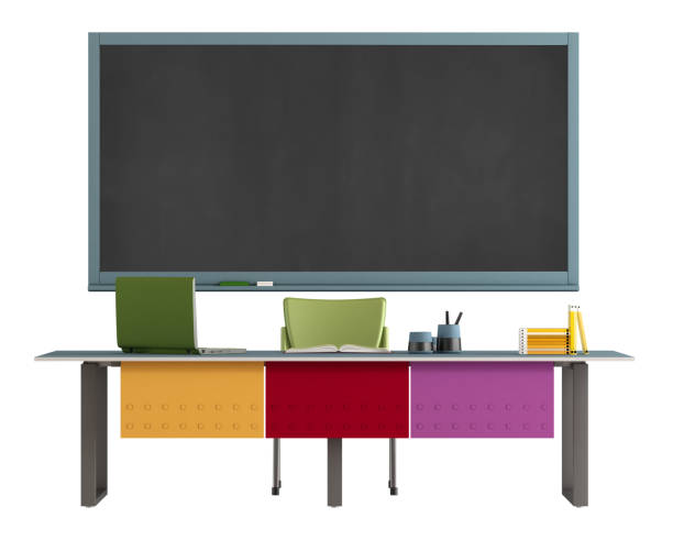 istock Colorful teacher's desk and blackboard isolated on white 1587101717