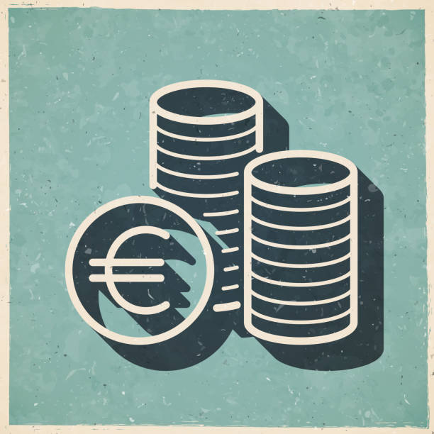 Euro coins stacks. Icon in retro vintage style - Old textured paper Icon of "Euro coins stacks" in a trendy vintage style. Beautiful retro illustration with old textured paper and a black long shadow (colors used: blue, green, beige and black). Vector Illustration (EPS file, well layered and grouped). Easy to edit, manipulate, resize or colorize. Vector and Jpeg file of different sizes. background of a euro coins stock illustrations