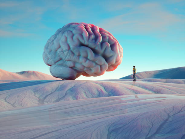 istock Man looks to a huge brain. Mental capacity, cognitive processing, and human interaction. 1587119132