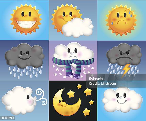 Fumetto Di Icone Previsioni Meteo - Immagini vettoriali stock e altre immagini di Faccia con sembianze umane - Faccia con sembianze umane, Luce solare, Sole