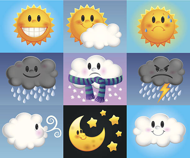 Cartoon weather forecast icons vector art illustration