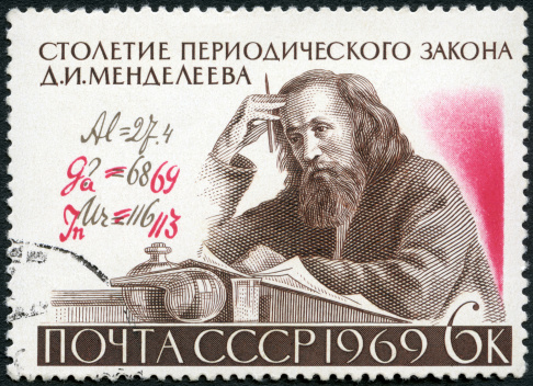 USSR 1969 postage stamp printed in USSR shows Dmitri Ivanovich Mendeleev (1834-1907) and Formula with Author's Corrections, Century of the Periodic Law (classification of elements), formulated by Mendeleev, circa 1969.