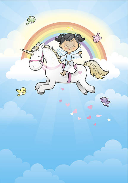 rainbow angel mädchen reiten einhorn - dreams heaven cloud fairy tale stock-grafiken, -clipart, -cartoons und -symbole