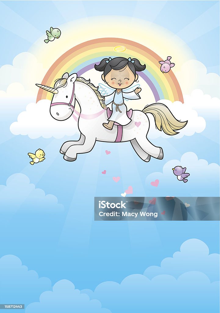 Rainbow angel girl riding unicorn Happy angel girl on her unicorn running in the clouds (wings on angel girl can be removed). Unicorn stock vector