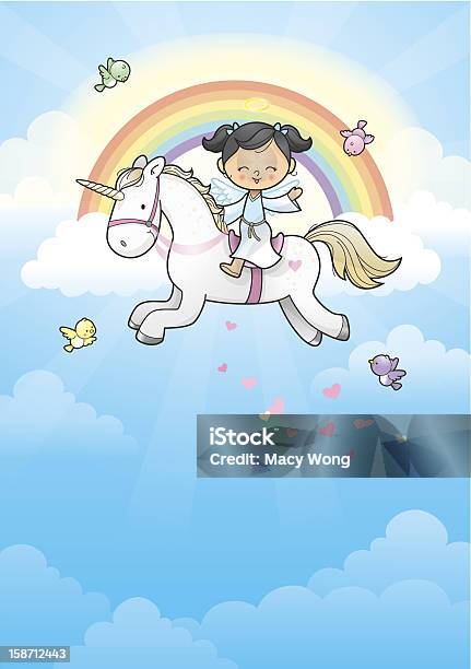 Rainbow Angel Girl Riding Unicorn Stock Illustration - Download Image Now - Unicorn, Flying, Rainbow