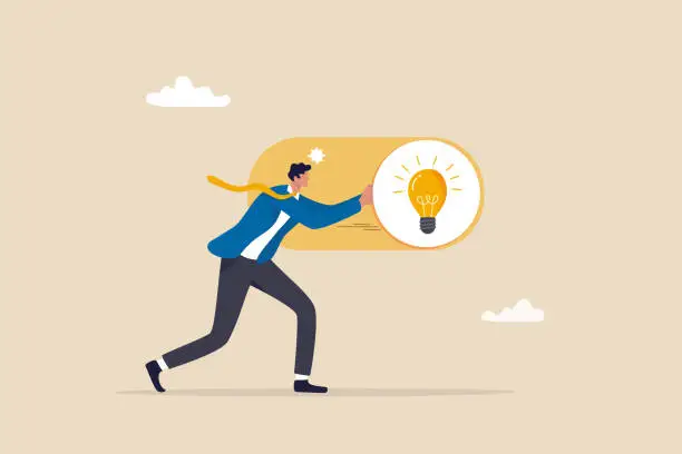 Vector illustration of Turn on new idea, solution or innovation to solve problem, enable knowledge or creativity, toggle lightbulb idea invention, unlock or active concept, businessman push toggle switch to turn on idea.