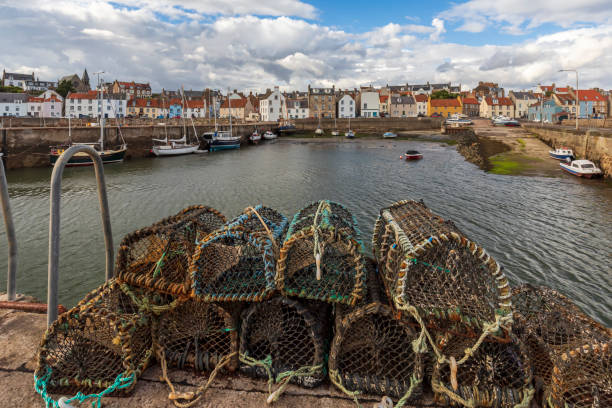 Stacked lobster fishing pots netted boxes at harbour wall uk