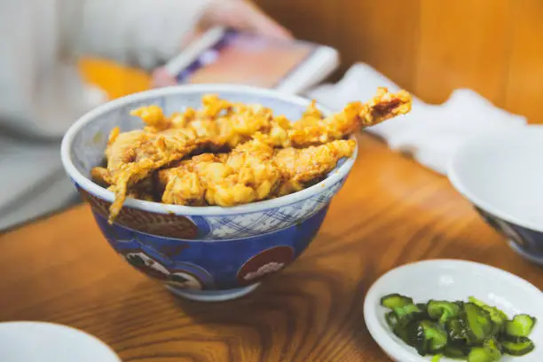 Shrimp tempura on rice with ingredient, Japanese food