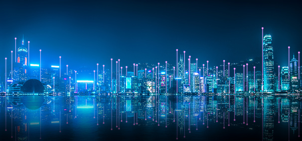 Smart network and Connection technology concept, Hong Kong digital city background at night in victoria harbour, Cyberpunk color style, Panorama view