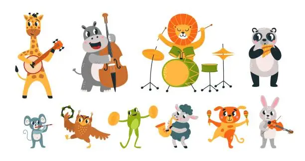 Vector illustration of Performing animal musician party. Funny animals play music concert. Musical instruments, cartoon wildlife musicians, zoo classy vector characters