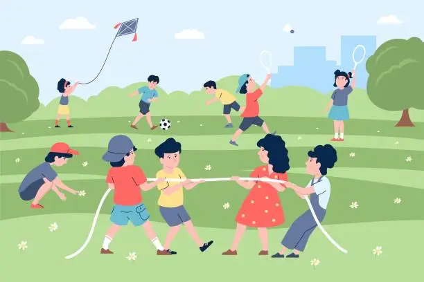 Vector illustration of Outdoor kids tug of war, children play in park with kite and ball. Teamwork game, pull rope for little child. Cartoon activity recent vector scene