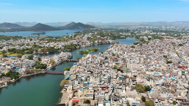 Udaipur, India:  Aerial view of city in Rajasthan and famous 