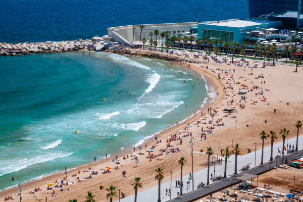 istock Crowded Barceloneta Beach with clear blue-green sea. View from above. 1587156483
