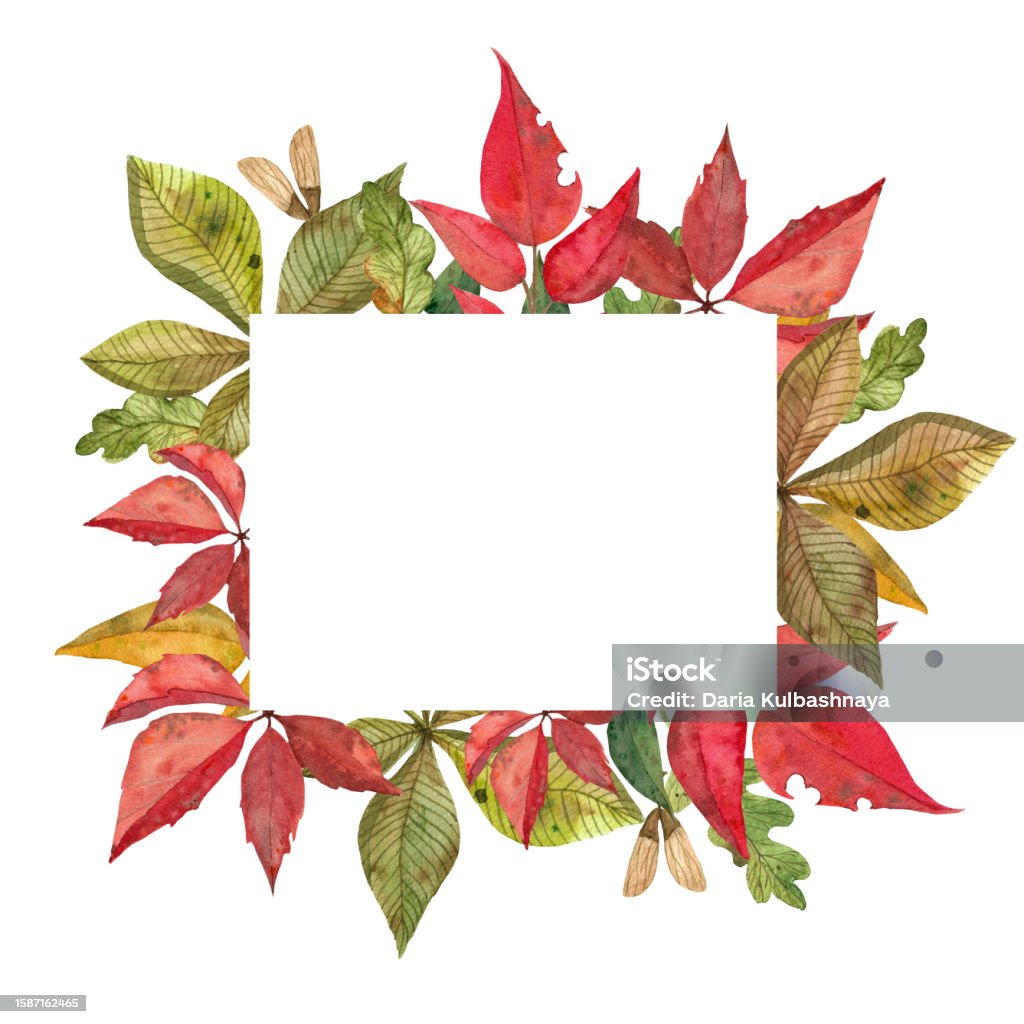 Rectagular Fall Frame Watercolor Rectangular Frame With Handdrawn Multicolored Leaves And ...
