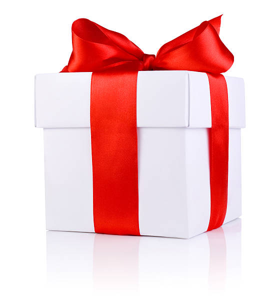 istock One White boxs tied Red satin ribbon bow Isolated 158717055