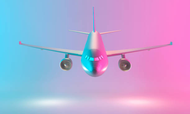 istock Airplane in neon pink-blue light. 3d rendering 1587175858