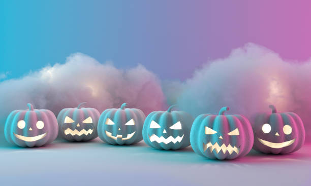 istock Many Halloween Pumpkins in a row on color background. 3d rendering 1587177454