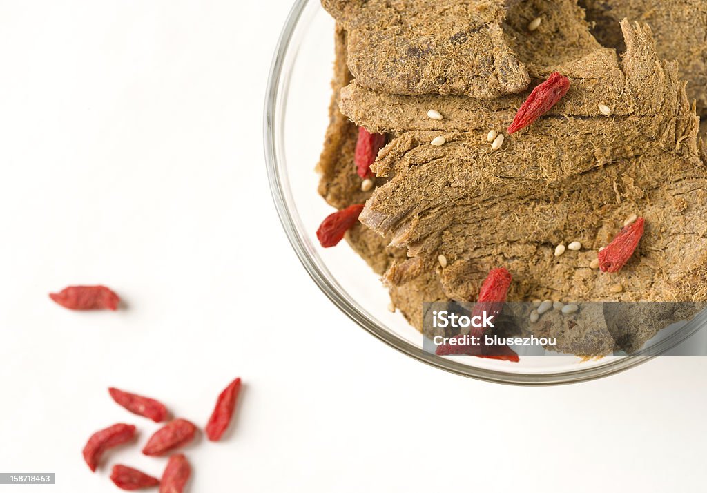 Dried beef in bowl Beef jerky in a bowl Beef Stock Photo