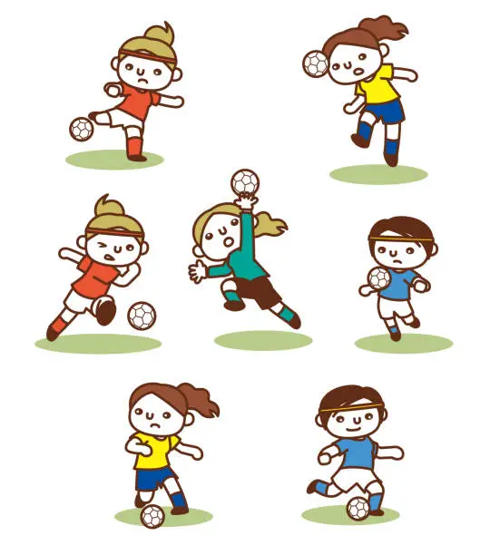 Vector illustration of Set of vector illustrations of women playing soccer