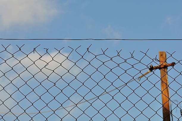 chain link fence and blue sky Chain link fence and blue sky urban background. wood and wire fence designs pictures stock pictures, royalty-free photos & images