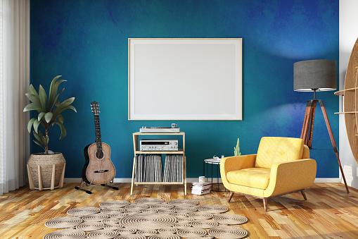 Stylish Living Room with a Bookshelf Records Musical Instruments and Mock-Up Frame. 3D Render