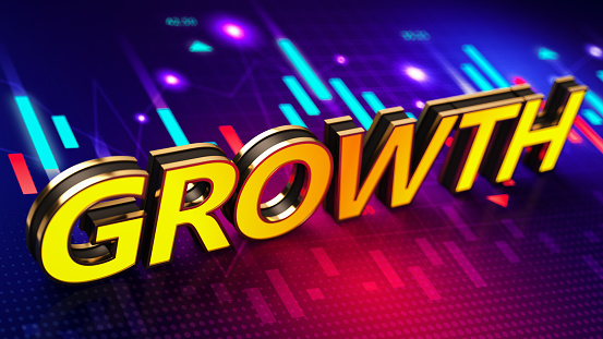 Neon Growth Sign on Financial Chart. 3D Render
