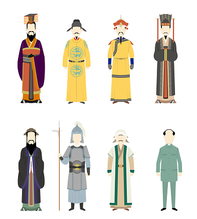 A collection of illustrations of historical figures from Qin Shi Huang to modern China. Color vector data.