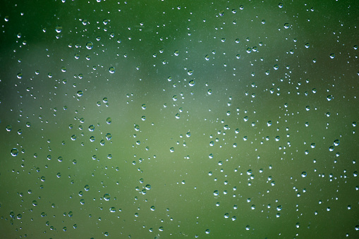 Raindrops running down the window while a hurricane is blowing a palm tree outside along with torrential rain.