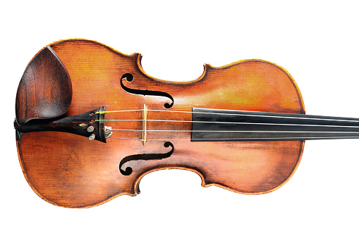 Viola, a stringed musical instrument from the viol family, used in string quartet, chamber music and symphony orchestra, isolated on a white background, copy space