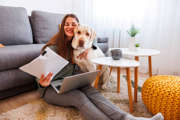istock Woman working from home with her pet dog using laptop computer 1587231528