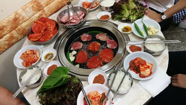 Table top view of Korean food.