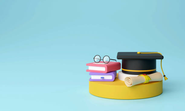istock Graduation cap and diploma icon on podium with sky background. 3d rendering illustration 1587248516