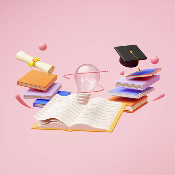istock Light bulb with education, learning on school and university or idea concept. Open book with light bulb and graduation cap. 3D render 1587250792