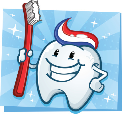 A cheerful, shiny tooth character. Holding his toothbrush victoriously!