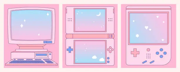 Vector illustration of Cute note pad with retro computer, game consoles.