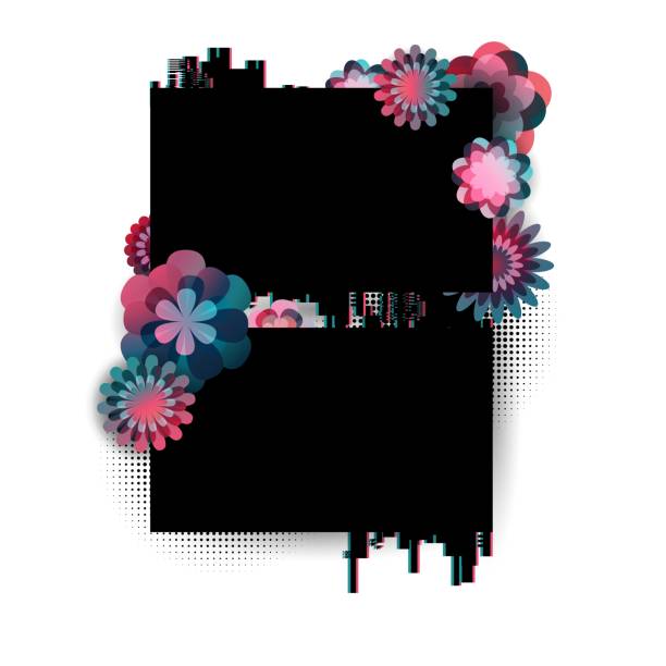 istock Modern geometric glitch banner with decor of noise, stripes, digital errors with flowers elements and gradient. Vector 1587258778