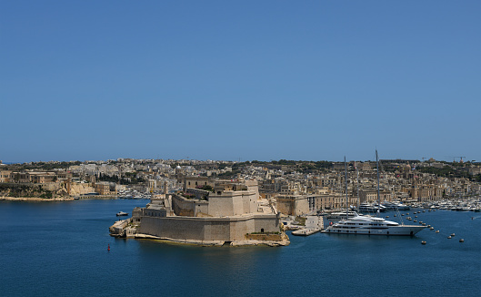 View of Fort Saint Angelo in Birgu, Malta from Valletta, across the Grand Harbour of Malta