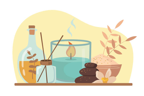 Incense, candle, essential oil for therapy vector illustration Incense, candle, essential oil for therapy vector illustration. Cartoon drawing of aromatic or scented candle and sticks for spa or relaxing at home. Aromatherapy, spa, relaxation concept home fragrance stock illustrations