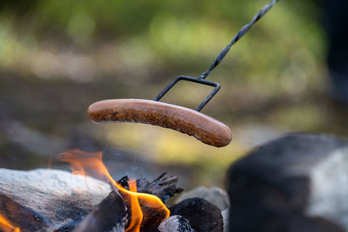 Grill sausage over an open fire in the wilderness.