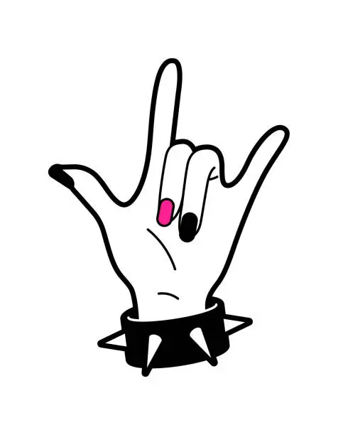 Vector illustration of Flat vector illustration of female hand in rock gesture. Black and pink gamma.