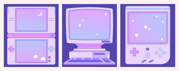 Vector illustration of Kawaii memo pad with retro computer, game consoles. Cute note pad.