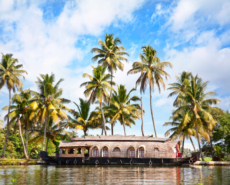 House boat in backwaters at palms background In alappuzha, Kerala, India