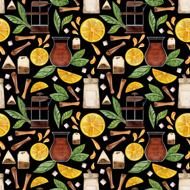 Hand drawn watercolor teaware, tea lemon, dishes crockery porcelain, hot beverage. Seamless pattern isolated on white background. For invitations, cafe, restaurant food menu, print, website, cards Hand drawn watercolor teaware, tea lemon, dishes crockery porcelain, hot beverage. Seamless pattern isolated on white background. For invitations, cafe, restaurant food menu, print, website, cards. food sample cups stock illustrations